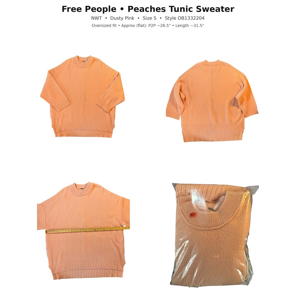 Free People Peaches Tunic Sweater Dusty Pink‎ Oversized Fit NWT Size S OB1332204
